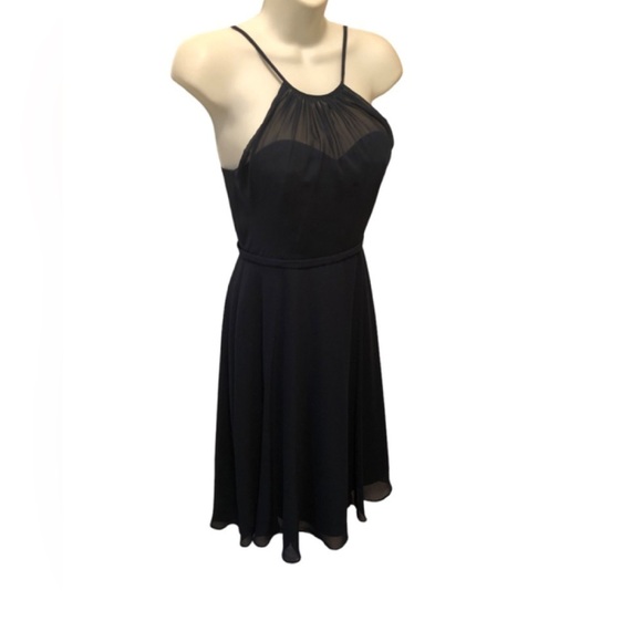 Azazie Alayna Short Bridesmaid A Line Dress Navy Sz J12 High Neck Sheer Chiffon - Picture 5 of 11